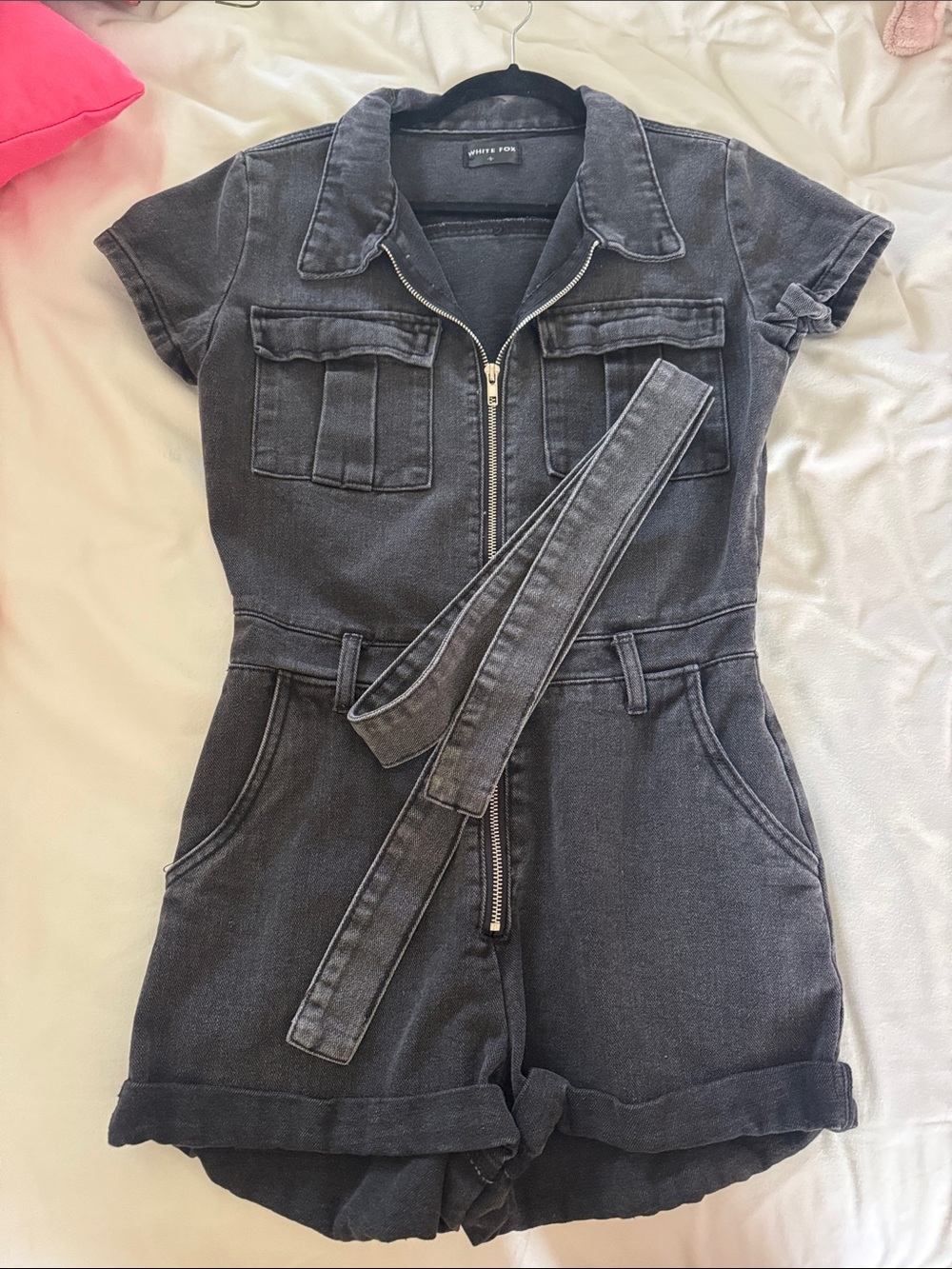 White Fox Boutique Charcoal Black Short Denim Jumpsuit with Belt